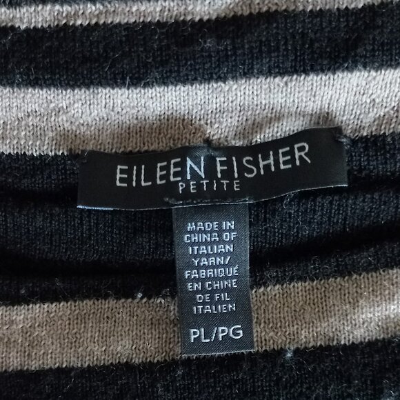 EILEEN FISHER 100% merino wool black and beige striped sweater petite L - Picture 2 of 11